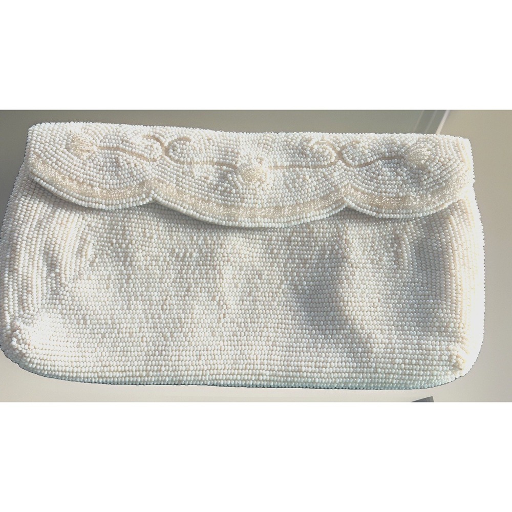 Vintage M M Kane Formal Evening Hand Beaded Clutch Purse Bag White